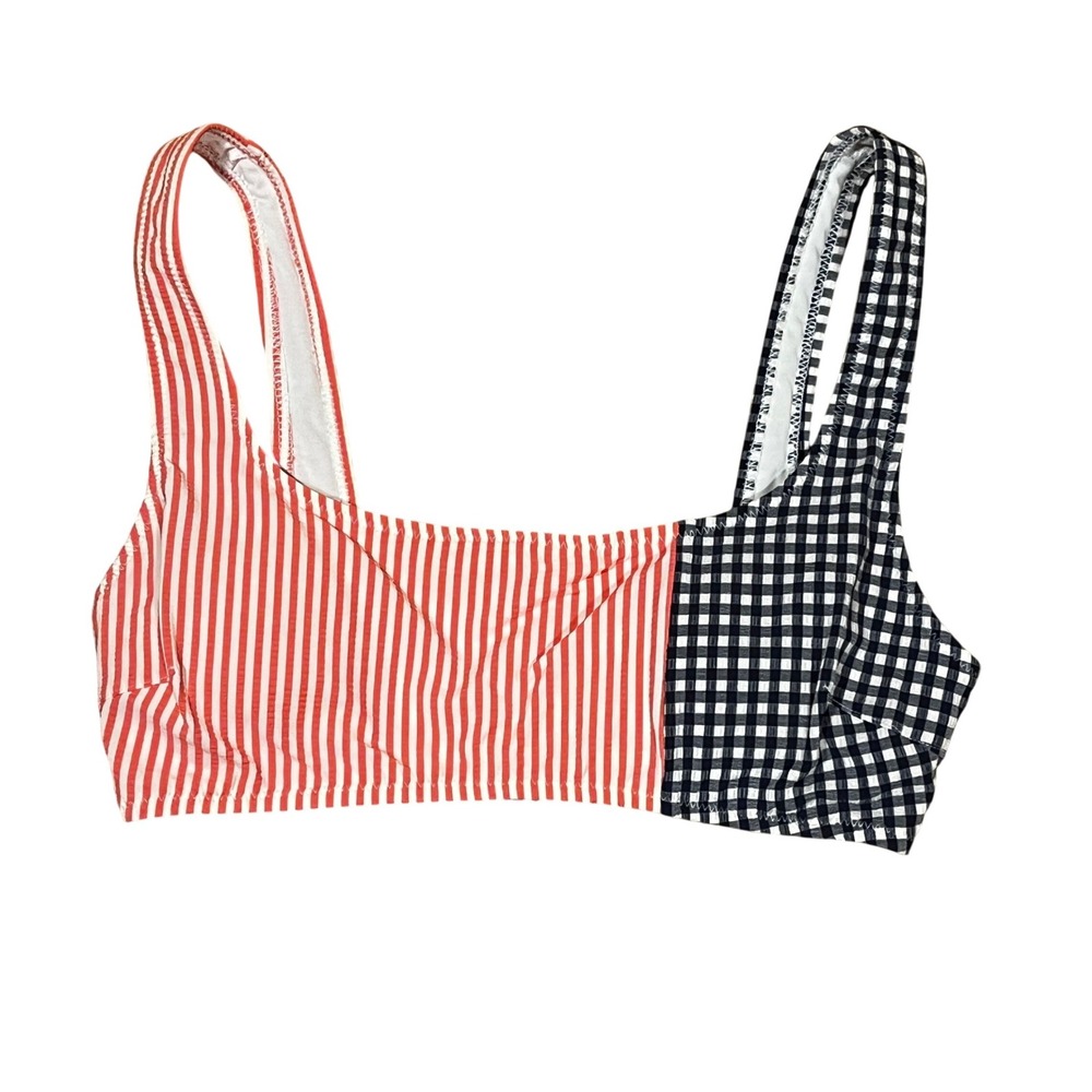 Aerie Seersucker‎ Wide Strap Bikini Top S Red White Navy Gingham Beach